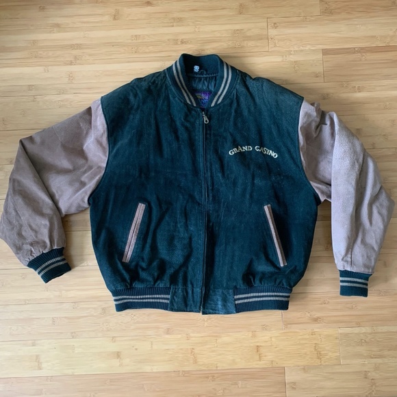 Vintage GRAND CASINO Mn Suede Leather Bomber Varsity Jacket Size XL 80s Style - Picture 1 of 12
